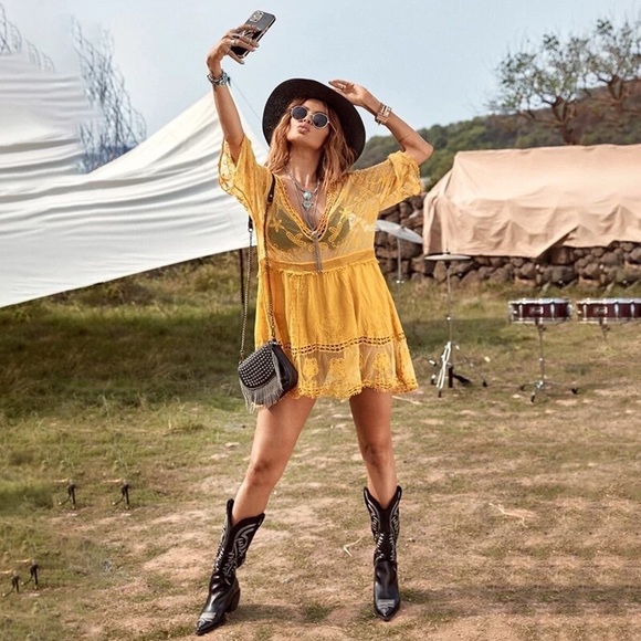 Dolly Boho Crochet Cotton Floral Inlay Lace Mini Dress Beach CoverUp - Picture 6 of 6